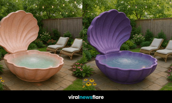 Side-by-side blush pink and purple seashell hot tubs in garden settings with rattan loungers and greenery.