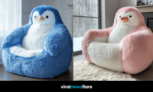 A charming display of oversized penguin lounge chairs in blue, black, and pink colours.