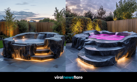 Stunning luxury outdoor rock formation hot tub with cascading water and LED lighting in a landscaped garden at dusk.