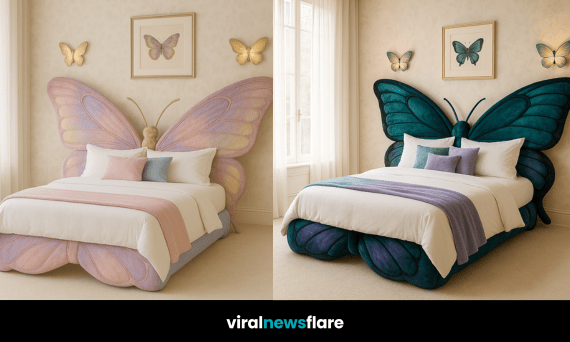 Teal and purple oversized butterfly-shaped bed in a bright, whimsical bedroom with butterfly wall art