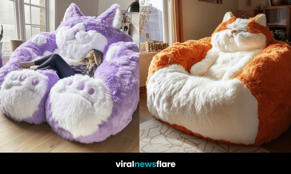 Vibrant collection of oversized plush cat-shaped sofas in blue, pink, purple, and orange designs.
