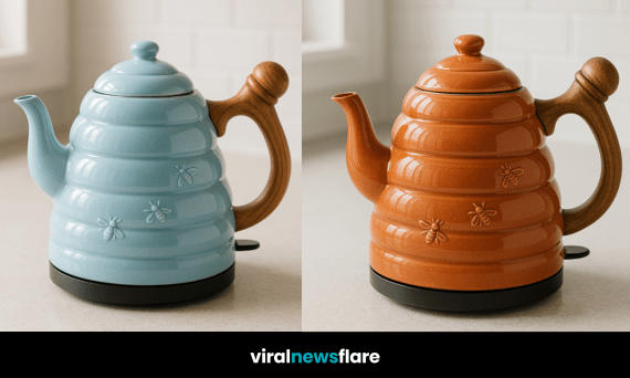 A group display of colourful novelty electric kettles shaped like beehives, featuring embossed bees and wooden-style handles.