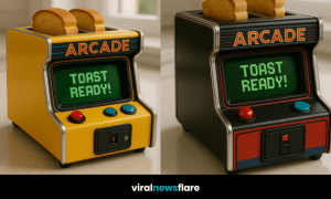 Brightly coloured novelty arcade toaster with toast inside on a kitchen counter.