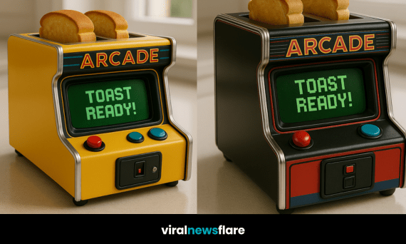 Brightly coloured novelty arcade toaster with toast inside on a kitchen counter.