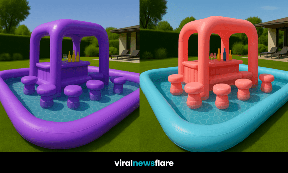 Vibrant inflatable pool bars in blue, pink, purple, and orange set up in a stylish garden.