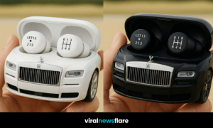 Bold luxury car-shaped earbud case opened to reveal gearstick-style earbuds