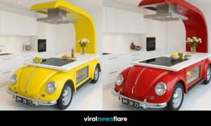 A series of colourful kitchen islands crafted from classic car fronts in black, red, purple, and yellow