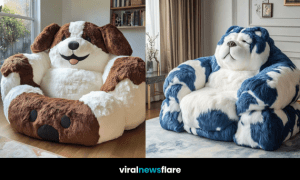 A variety of oversized plush dog armchairs in stylish home settings