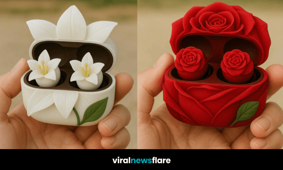 A set of flower-inspired wireless earbuds in tulip, sunflower, lily, and rose designs held in hand outdoors.