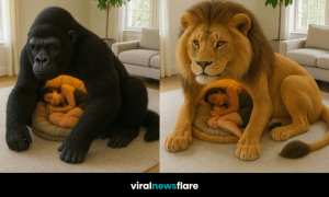 A woman sleeps peacefully inside a glowing gorilla-shaped bed pod in a stylish modern living room.