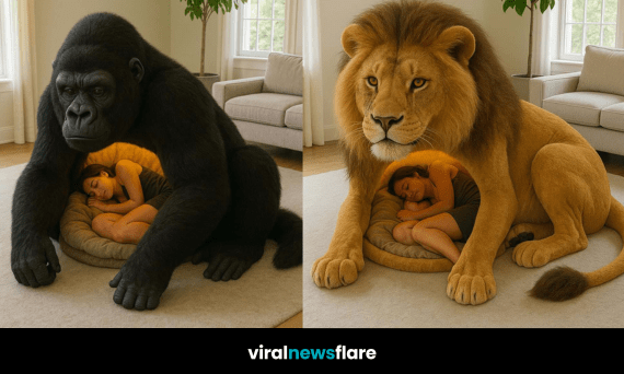 A woman sleeps peacefully inside a glowing gorilla-shaped bed pod in a stylish modern living room.