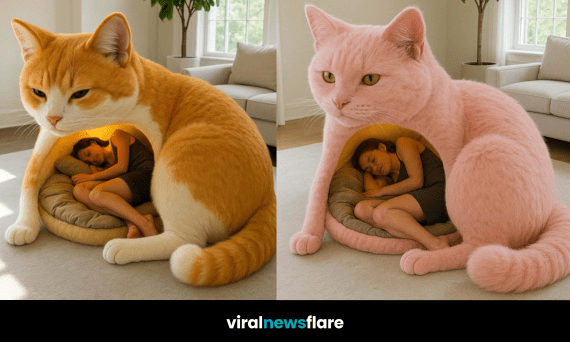 Oversized cat-shaped bed in a neutral living room with woman sleeping inside