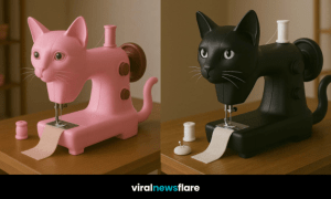 Collection of colourful cat-themed sewing machines in orange, black, pink, and purple on desks