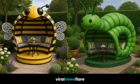 Outdoor display of bug-themed garden pods including a snail, bee, ladybird, and caterpillar.