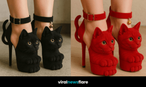 Collection of colourful cat-shaped high heels including red, black, purple, and blue variants
