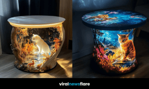 Collection of glowing fantasy cat tables with detailed scenic designs