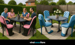 Bold and colourful high heel chair garden dining sets in pink, purple, and blue styles