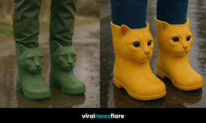 Four pairs of colourful cat-themed wellies in green, yellow, pink, and purple