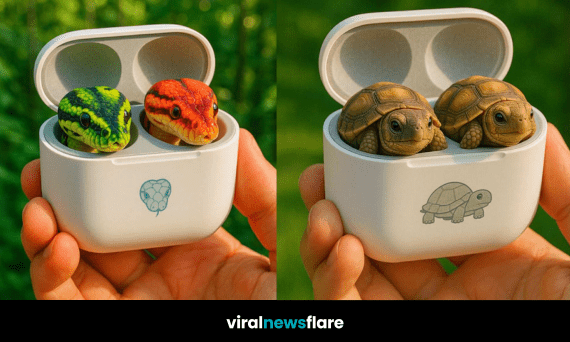 A collage of turtle, crocodile, and snake-themed earbud pod concepts displayed in white cases
