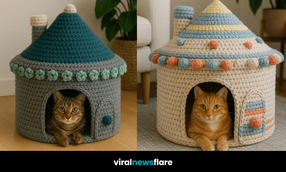 Ginger cat sitting inside a mustard and teal crochet cottage-shaped cat bed with a pointed roof.