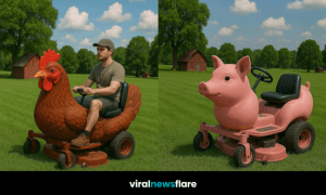 A lineup of animal-shaped ride-on lawn mowers, including a horse, sheep, pig, and chicken, on a green field.