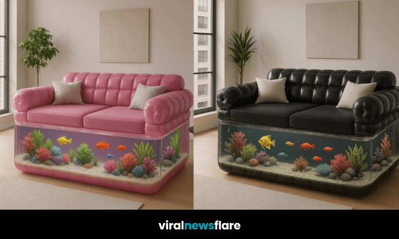 Aquarium sofa with built-in fish tank and colourful fish in a modern living room