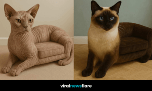 A collage of cat-shaped sofas including Siamese, Black, Persian, Maine Coon, and Sphynx designs in realistic textures