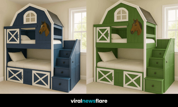Collection of four barn-themed bunk beds in green, navy, purple, and red with farmhouse design