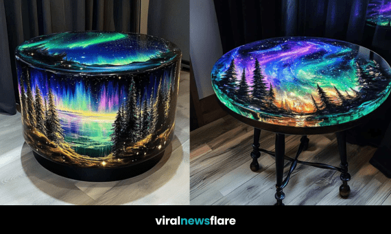 Aurora-inspired table with glowing galaxy and forest design, illuminated under natural and ambient light