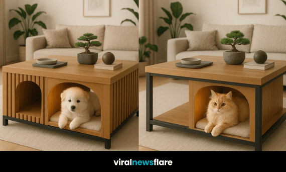 Cosy modern living room featuring a light wood designer coffee table with a cat sleeping inside a built-in nook.