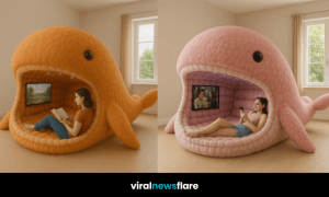 A collection of colourful plush whale-shaped entertainment pods in lavender, pink, blue, and orange.