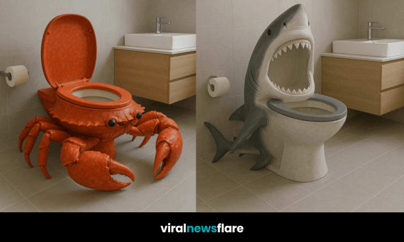 A collage of four sea animal-themed toilets including crab, turtle, jellyfish, and shark designs in modern bathrooms.