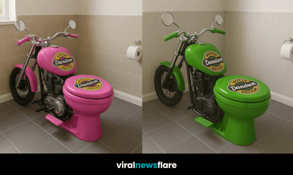 A novelty toilet shaped like a motorcycle with handlebars and engine detailing.