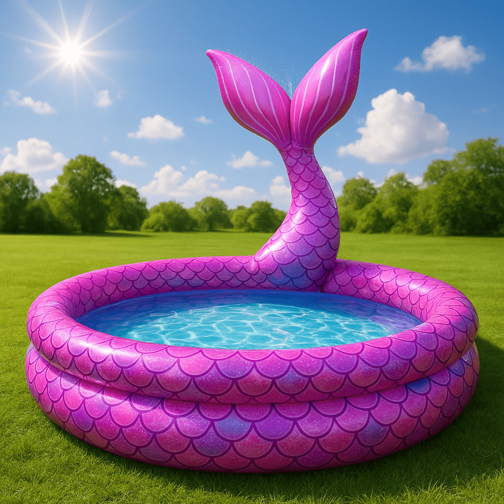 Glittering pink and purple inflatable mermaid tail splash pool in a sunny garden setting.