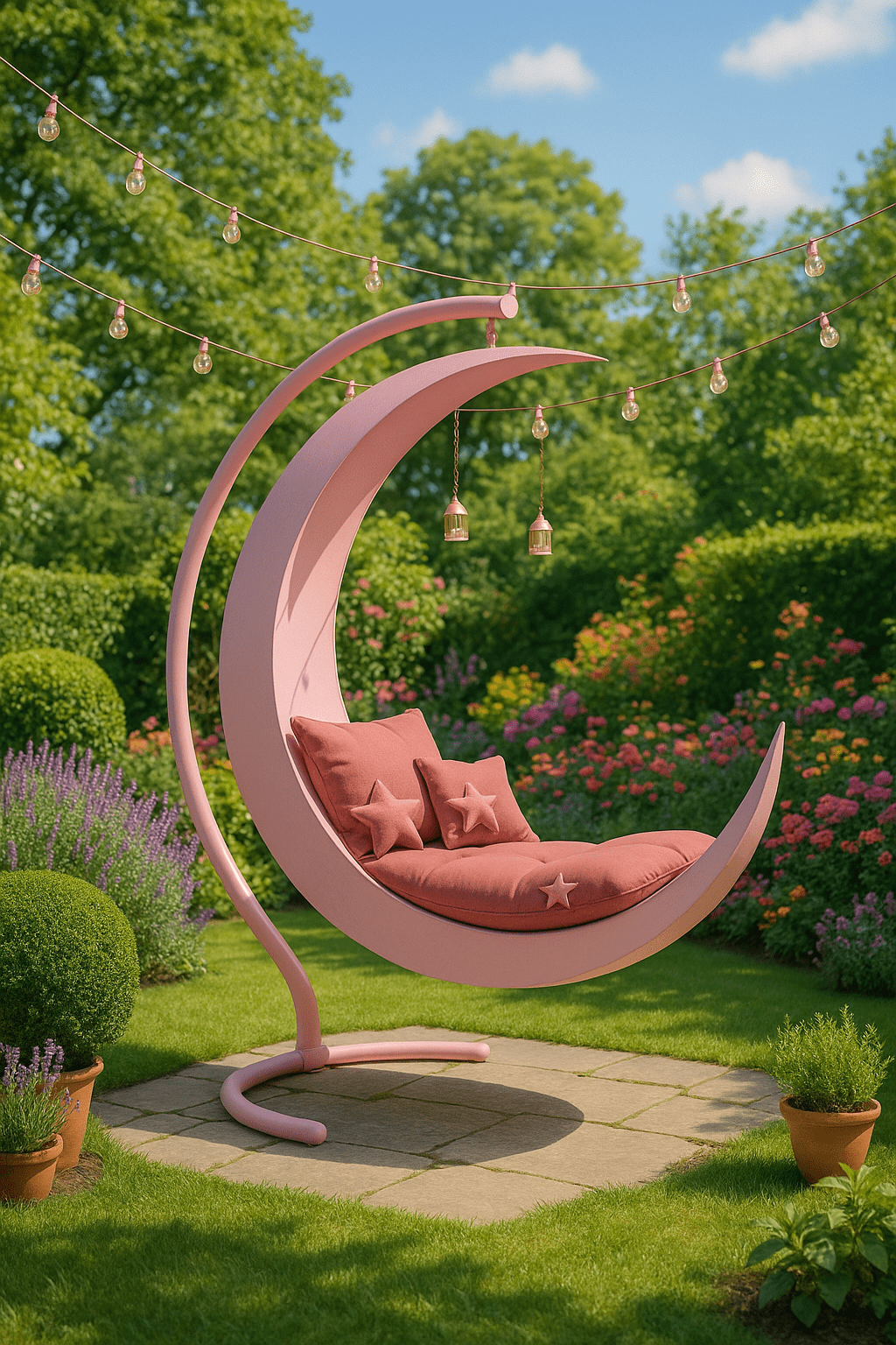  Pink crescent moon swing chair with rose-pink cushions and star pillows in a vibrant floral garden