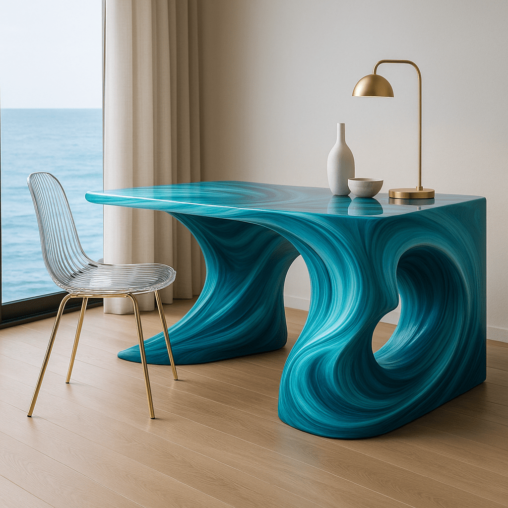 Futuristic aqua blue swirl desk paired with clear chair overlooking the sea