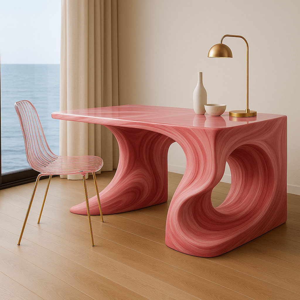 Coral pink sculptural desk with golden lamp and oceanfront backdrop in modern minimalist room