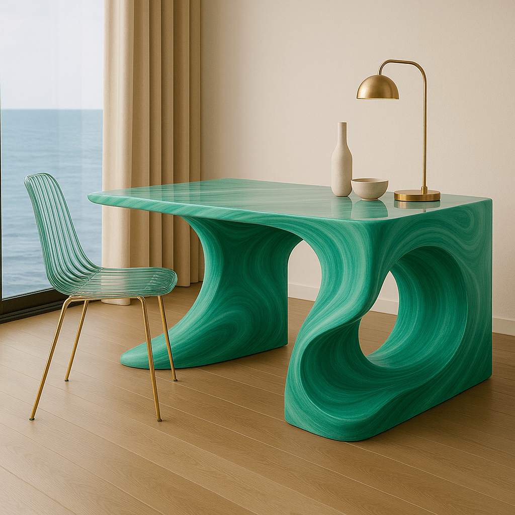 Artistic swirl desk in emerald green with curved legs and minimalist décor by the sea