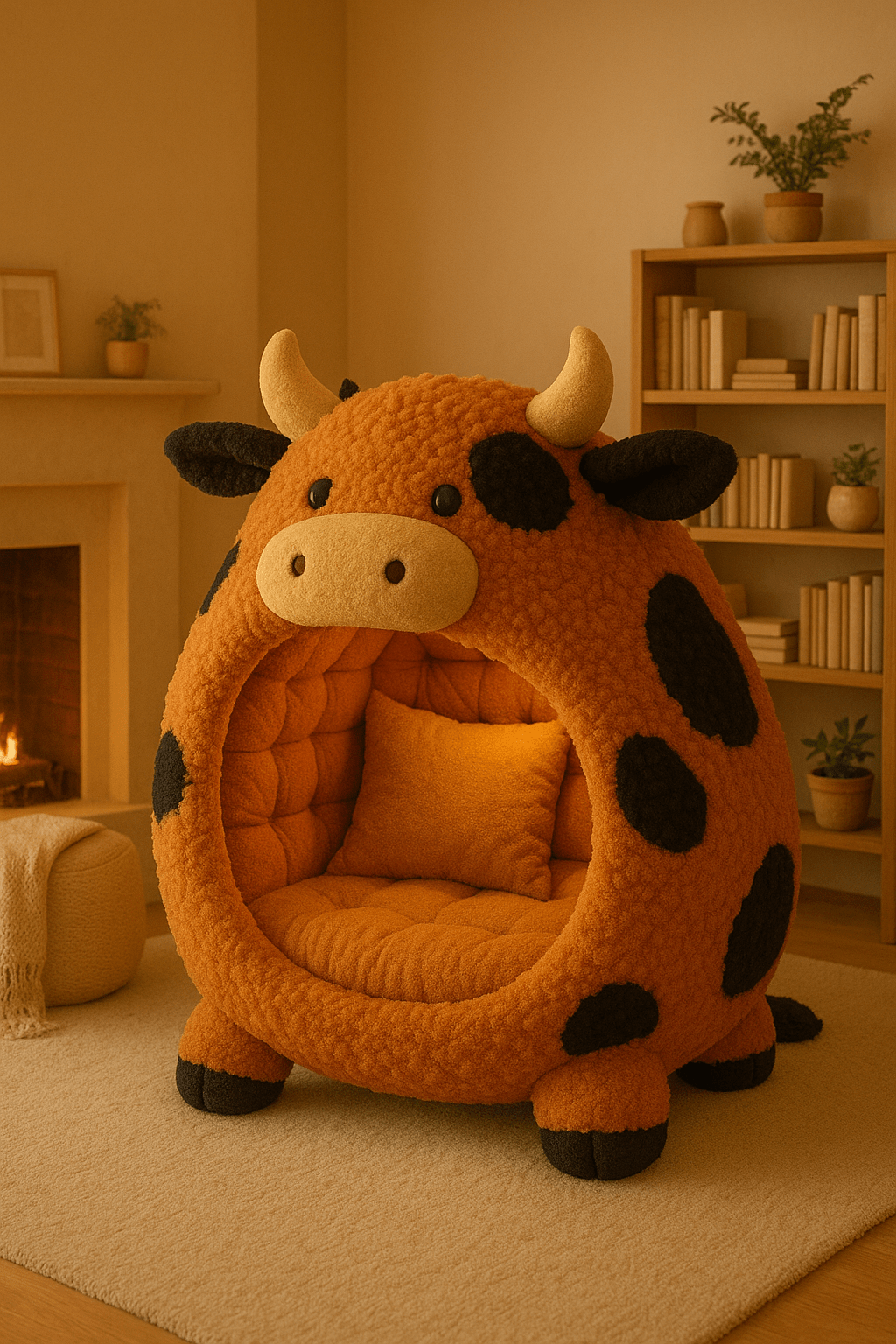 Orange cow-shaped lounge chair with black spots and horn details, set in a warmly lit home interior.