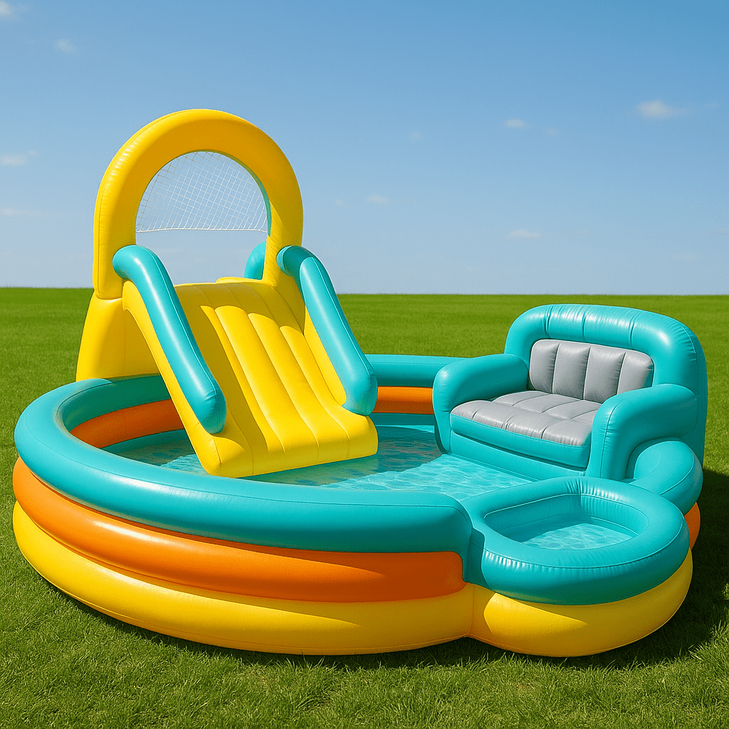 Yellow and orange inflatable pool sofa with teal slide and sofa-style seating outdoors