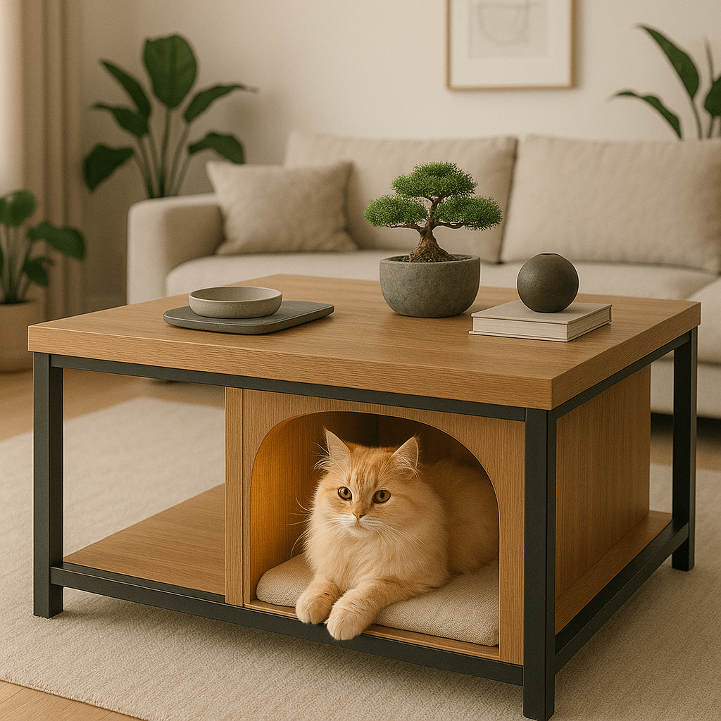 Light oak coffee table with built-in cat nook and ambient lighting, featuring a fluffy cat resting on a cushion.