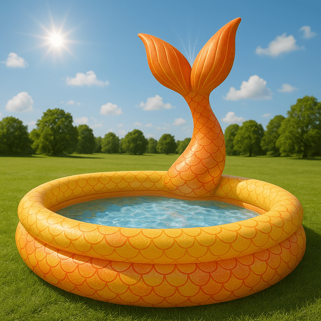 Orange and gold inflatable mermaid tail splash pool with sparkling water under the sun.