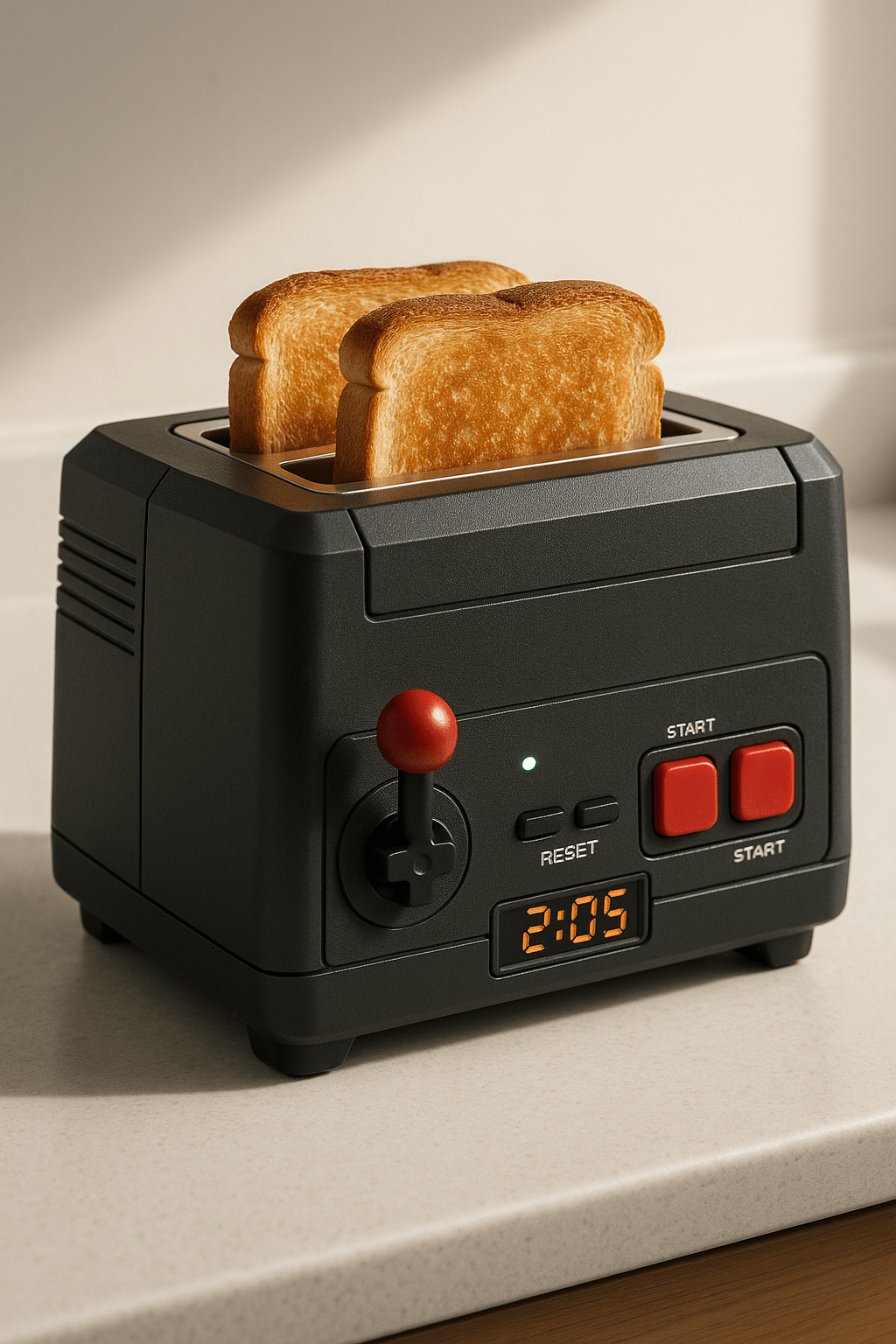 Black toaster with arcade-style joystick lever and red buttons styled as a gaming console
