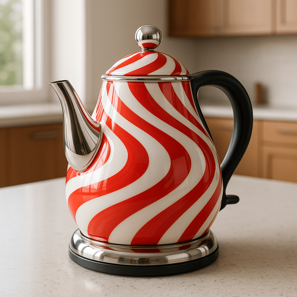 Electric kettle with red and white psychedelic swirl pattern and stainless-steel spout on a kitchen counter