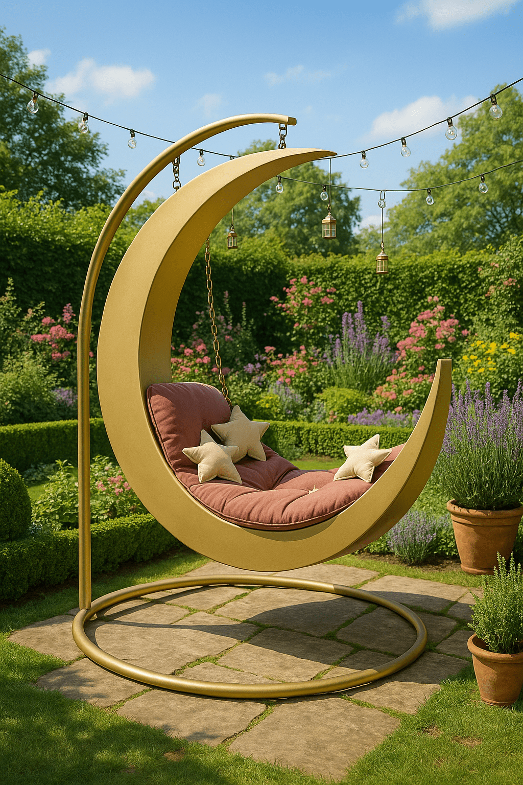 Gold crescent moon swing chair with russet cushions and creamy star pillows in a manicured garden