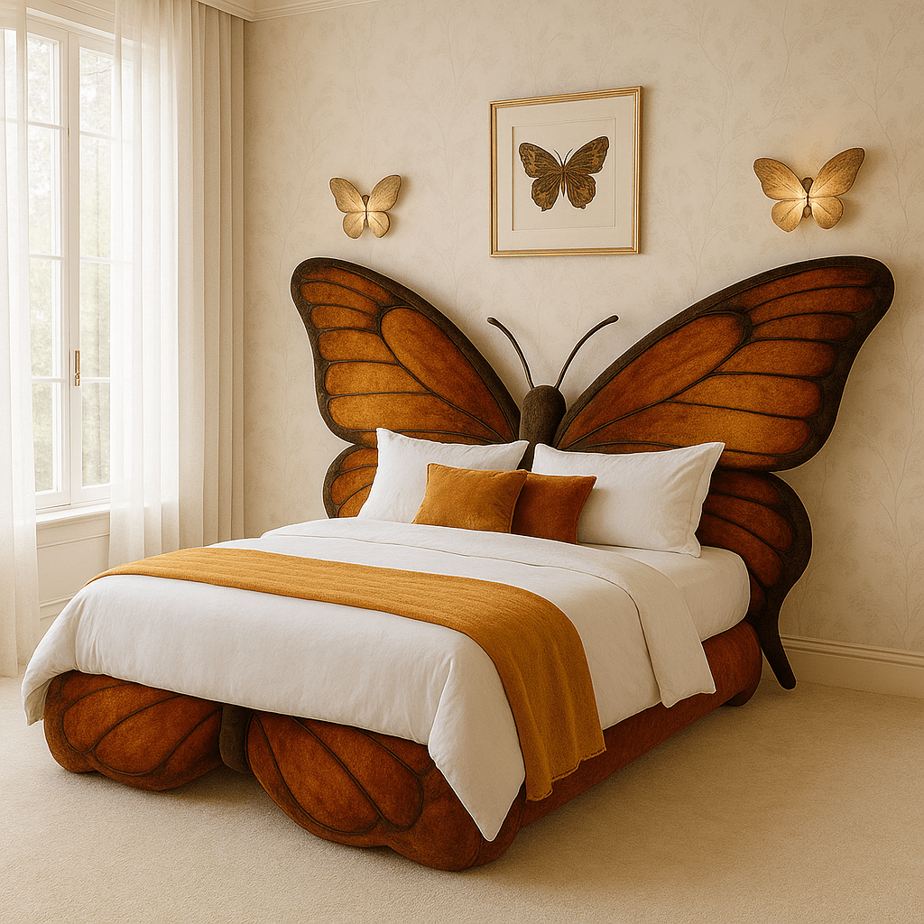 Oversized amber butterfly-shaped bed with cosy burnt orange bedding in a sunlit bedroom