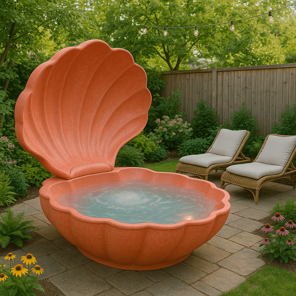 Coral seashell-shaped hot tub set in a garden surrounded by green plants and patio furniture.
