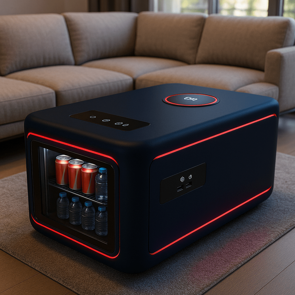 High-tech navy blue coffee table with red LED lighting and integrated fridge stocked with drinks
