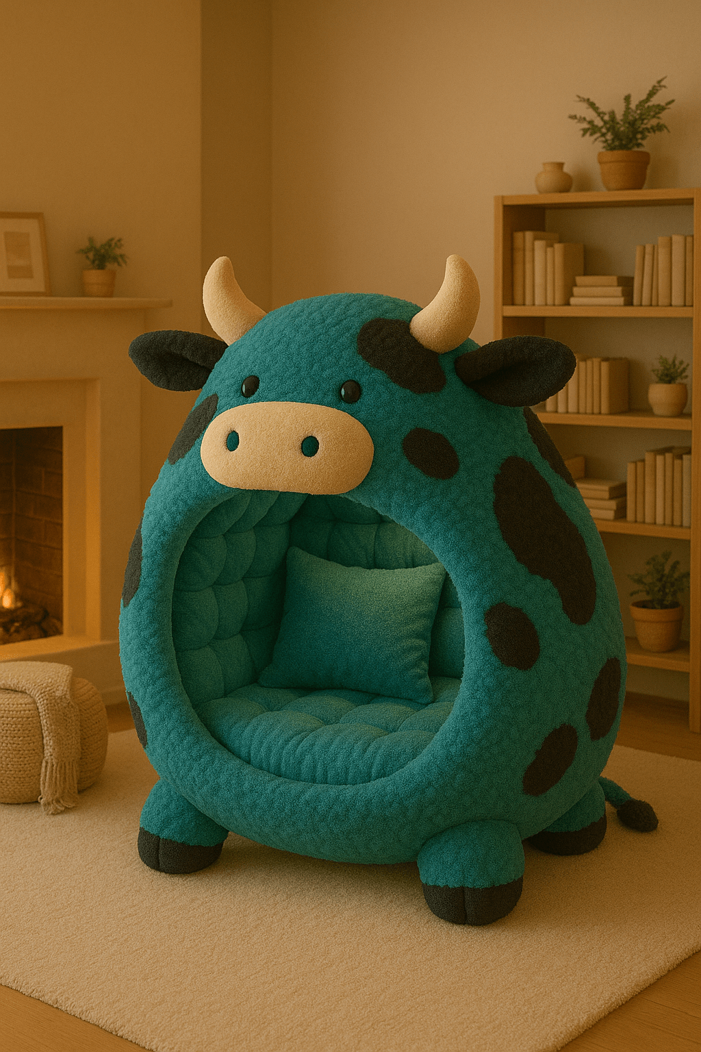 Teal cow lounge pod with black spots and beige horns, adding a fun and bold touch to cosy interiors.