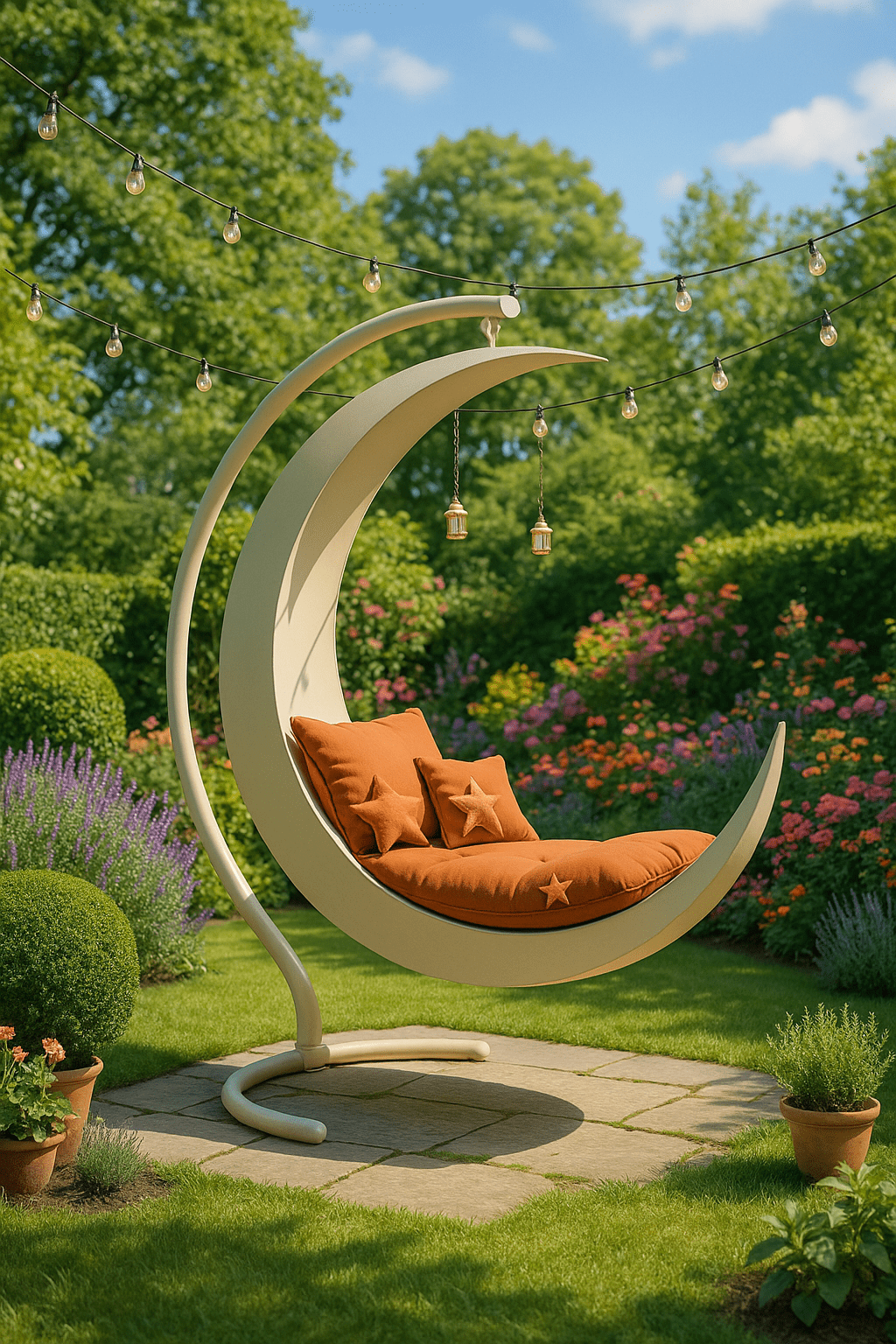 Ivory crescent moon swing chair with navy cushions and silver star pillows in a classic English garden